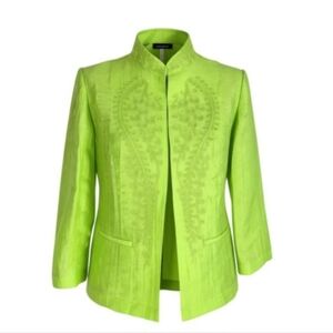 Chicos Blazer Size 0 S 4 Neon Green Open Front Embroidered Pockets Linen Blend